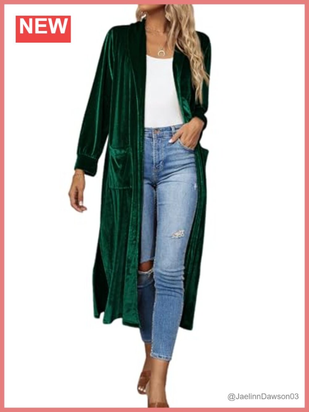 Women's Velvet Open Front Midi Duster Cardigan with Pockets Long Sleeve